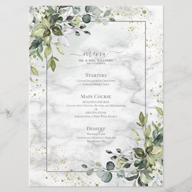 Menu Elegante Dusty Blue Eucalyptus Greenery Marble (Frente)