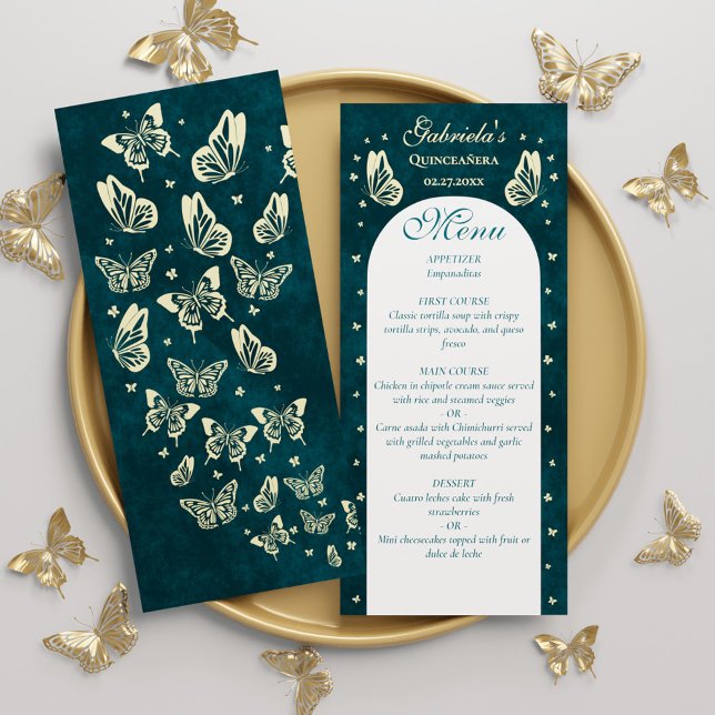Menu Elegante Emerald Green - Borboletas Douradas Quinc (Elegant Emerald Green Gold Butterflies Quinceañera Menu)