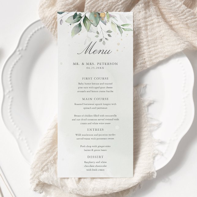 Menu Elegante Eucalyptus Deixa Casamento Dourado Verde (Criador carregado)