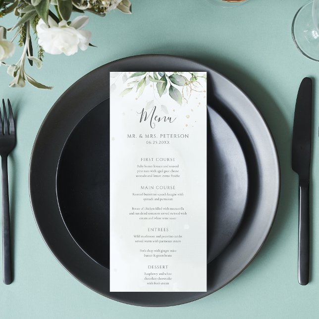 Menu Elegante Eucalyptus Deixa Casamento Dourado Verde (Criador carregado)
