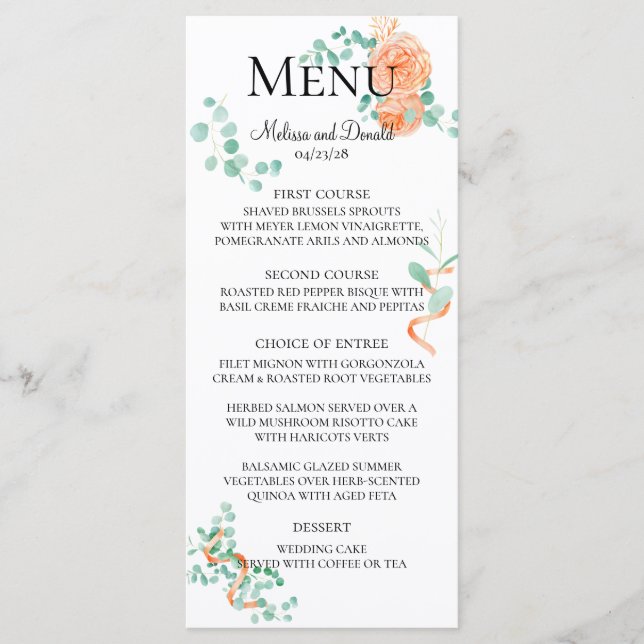 Menu Elegante Eucalyptus Greenery Peach Floral (Frente)
