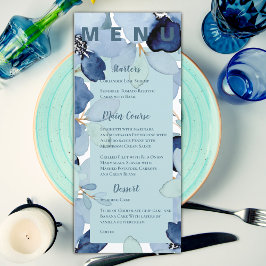 Menu Elegante Festa de casamento Floral Azul de Aquarel