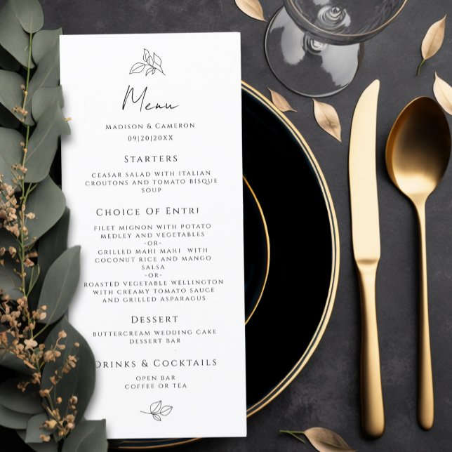 Menu Elegante festa de casamento formal preto e branco (Elegant Wedding Black & White Formal Dinner Party Menu)