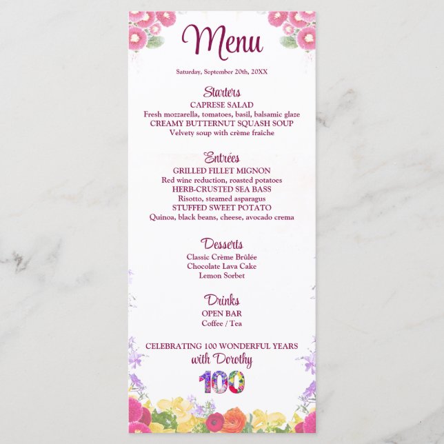 Menu Elegante Floral 100ª Festa de aniversário / 100 An (Frente)