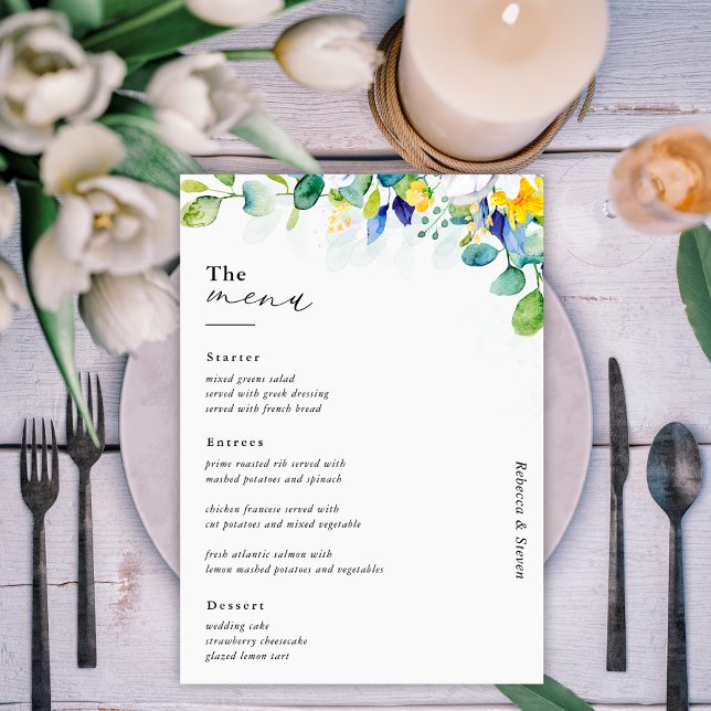 Menu Elegante floral amarelo branco azul casamento (Criador carregado)