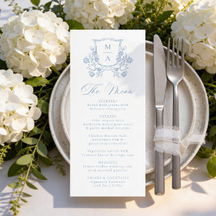 Menu Elegante Floral Crest Monograma Azul Francês Casam
