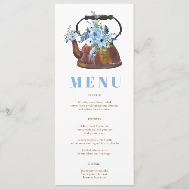 Menu Elegante Floral Dusty Blue Chá de panela Tea Party (Frente)