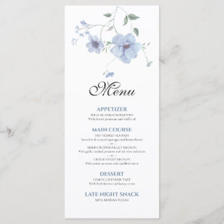 Menu Elegante Floral Hídrico Azul Empoeirado para Casam