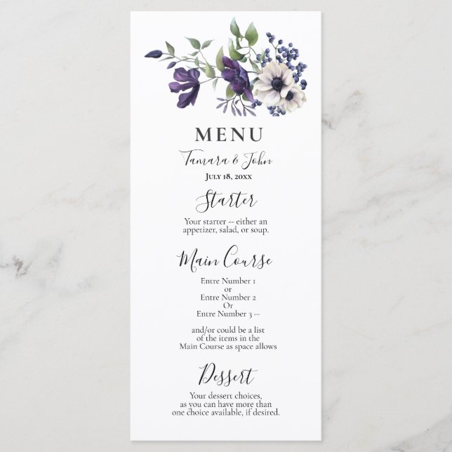 Menu Elegante Floral Purple Marinho Watercolor (Frente)
