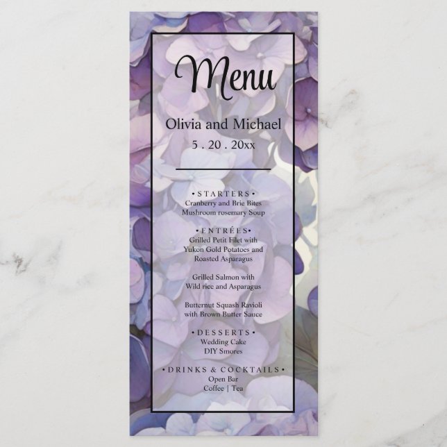 Menu elegante floral roxo leve e leve (Frente)