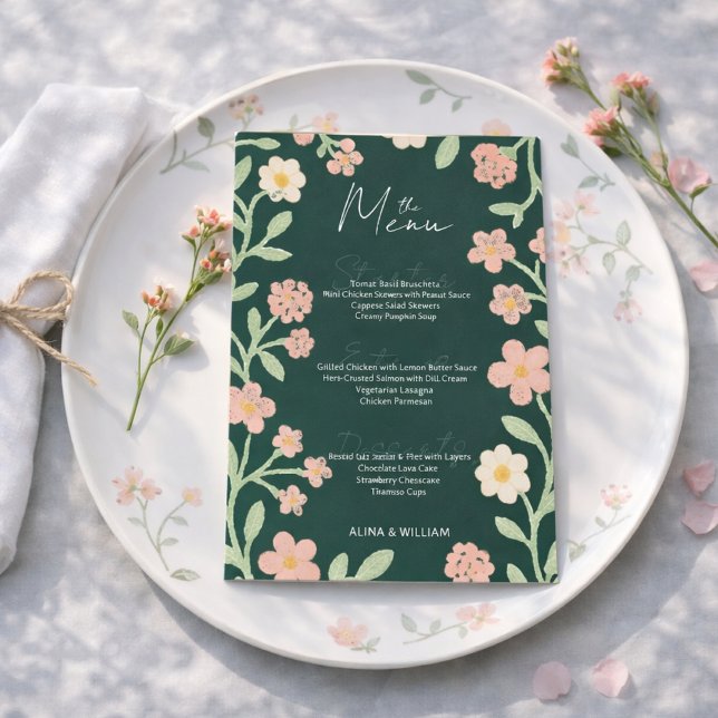 Menu Elegante Floral Verde Rosa Borda Minimal  (Criador carregado)