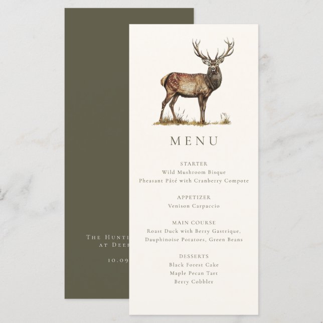 Menu Elegante Jantar Rústico de Caça ao Veado Outono (Frente/Verso)