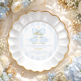 Menu Elegante Lace de Arco Azul Batismo Menino