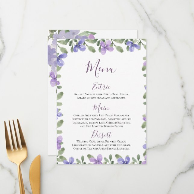 Menu Elegante Lilac Dusty Recepção de casamento Floral  (Frente/Verso In Situ)