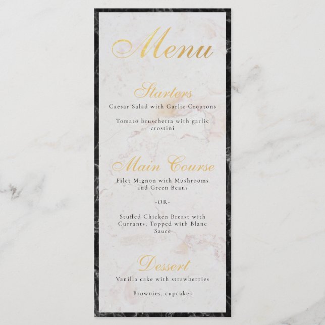 Menu Elegante Mármore Preto Branco Letra Dourada Falsa (Frente)
