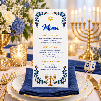 Menu Elegante Menorá Floral Jantar de Hanukkah