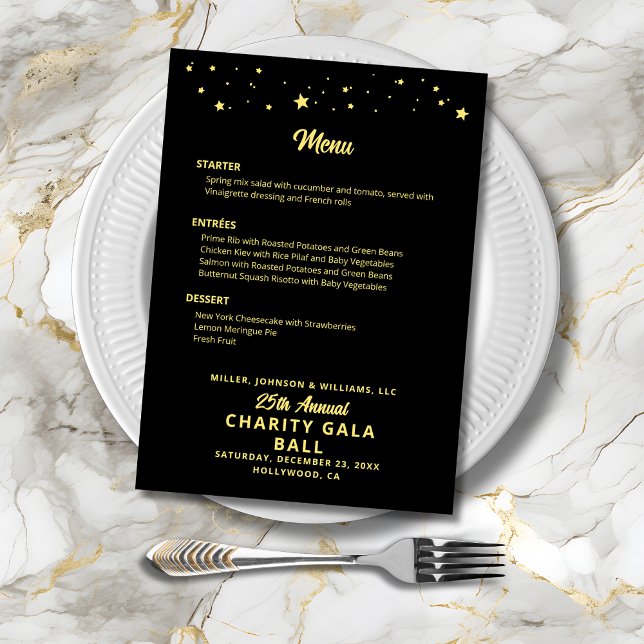 Menu Elegante negro Dourado da Companhia Charity Gala B (Charity Gala Ball Company Event Black Gold Elegant Menu with Gold Stars, Menu Choices, Event Details)