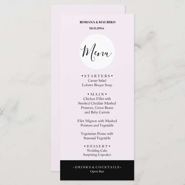 Menu Elegante Negro E Lilac Minimalista (Frente/Verso)