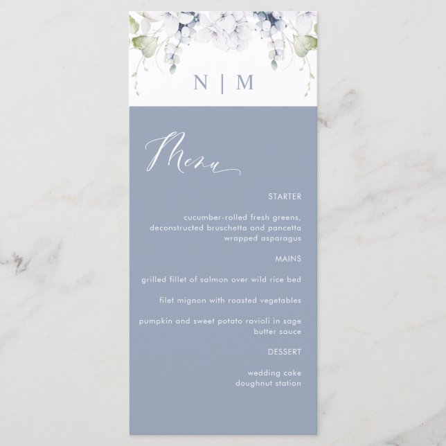 Menu Elegante Noiva Floral em Azul Poeira e Branco (Frente)