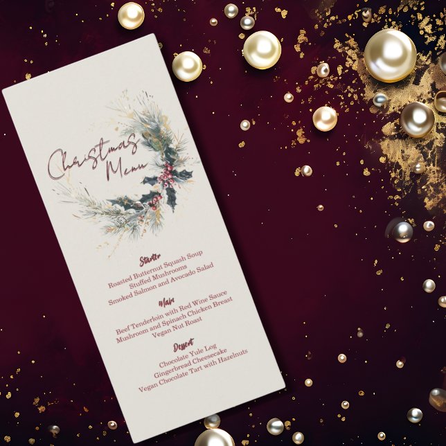 Menu Elegante Pine Holly Wreath Dourado sobe Natal (Criador carregado)
