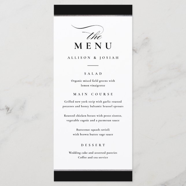 Menu Elegante Preto e Branco com Acento Prata (Frente)
