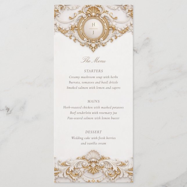 Menu Elegante Quadro Barroco Dourado e Branco Casamento (Frente)