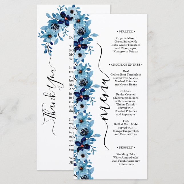 Menu Elegante Ramalhete de Flores de Aquarela Azul Poei (Frente/Verso)
