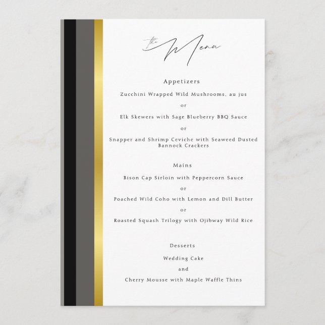 Menu Elegante Recepção de Casamento com Listras Pretas  (Frente)