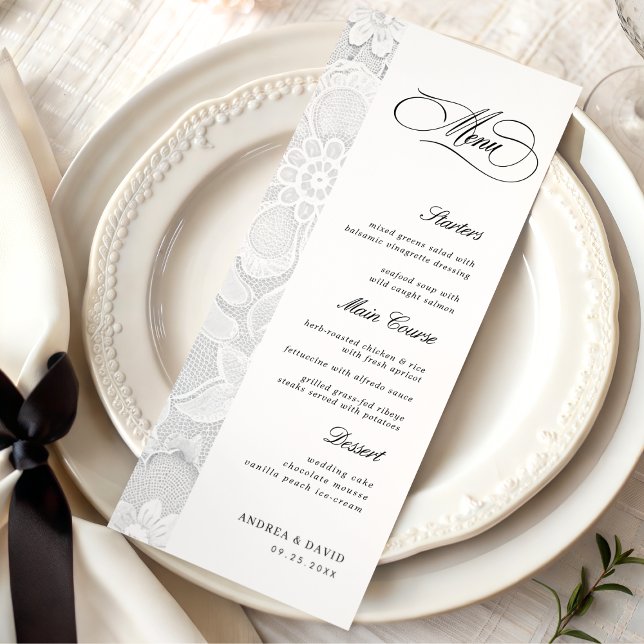Menu Elegante Renda Clássico Casamento Preto e Branco V (Criador carregado)