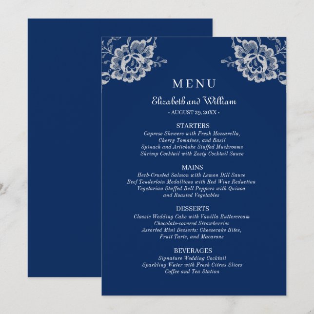 Menu Elegante Renda Floral em Azul Marinho Casamento (Frente/Verso)