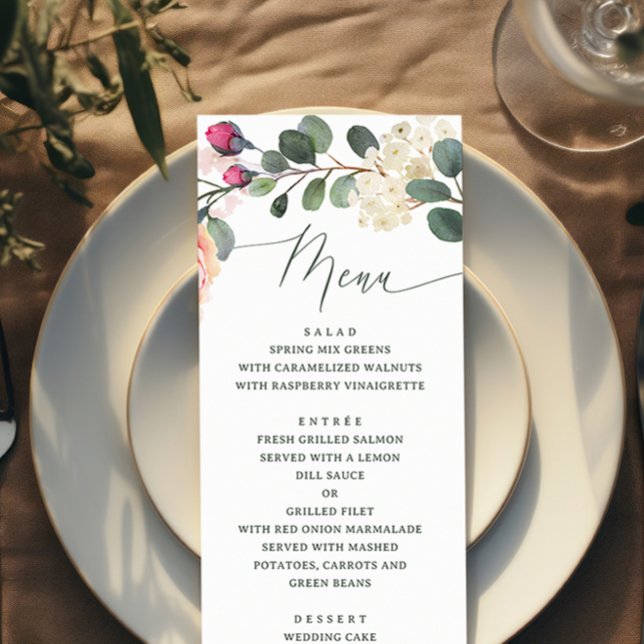 Menu Elegante Rosa de Aquarela e Greenery. Floral Weddi (Criador carregado)