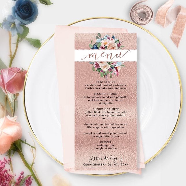 Menu Elegante Rosa Dourado Pastel Floral Quinceañera Me (Criador carregado)