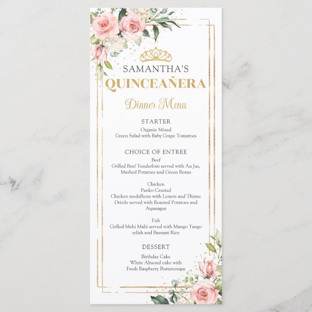 Menu Elegante rosas cor-de-rosa dourada tiara Quinceane (Frente)