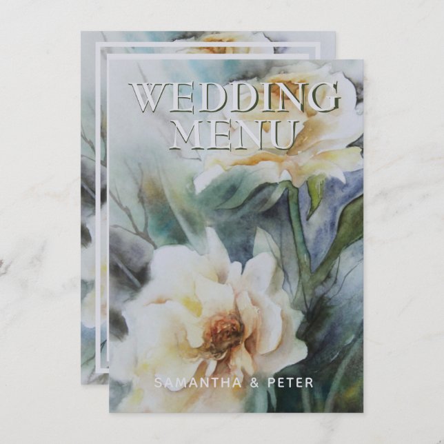Menu Elegante Rosas de Aquarela Creme e Sage Verde (Frente/Verso)