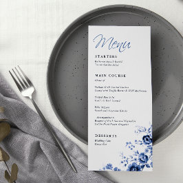 Menu Elegante Roteiro Floral Toile Azul Francês Casamen