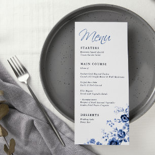 Menu Elegante Roteiro Floral Toile Azul Francês Casamen