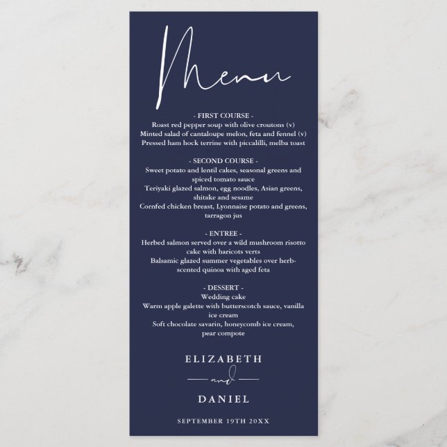 Menu Elegante Roteiro Moderno Jantar de Casamento Azul  (Frente)