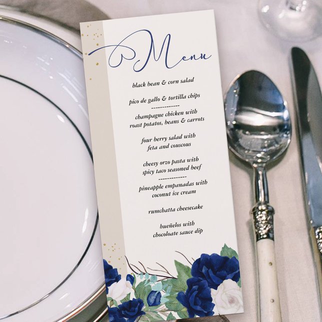 Menu Elegante Royal Blue e Ivory Rosa Floral (Menu with royal blue and ivory roses and elegant calligraphy)