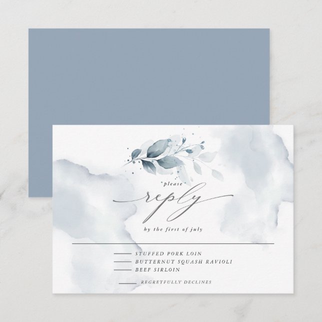 Menu Elegante RSVP Watercolor Foliage Dusty Blue (Frente/Verso)