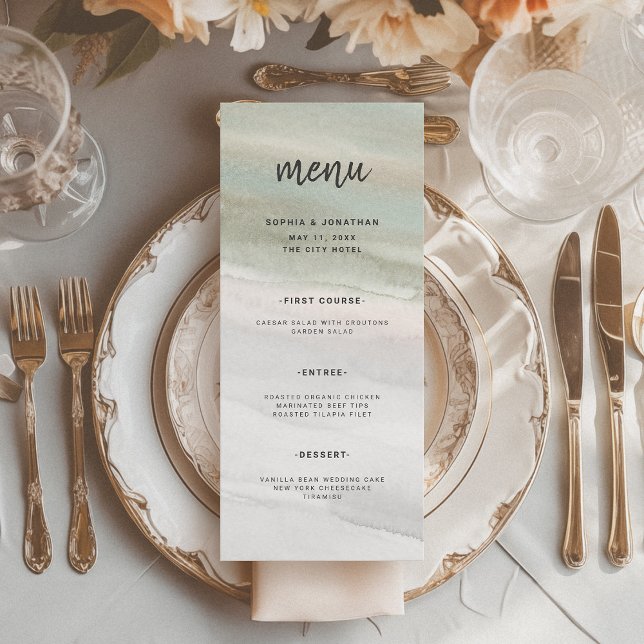 Menu Elegante Sage Green e Cinza Watercolor | Casamento (Criador carregado)