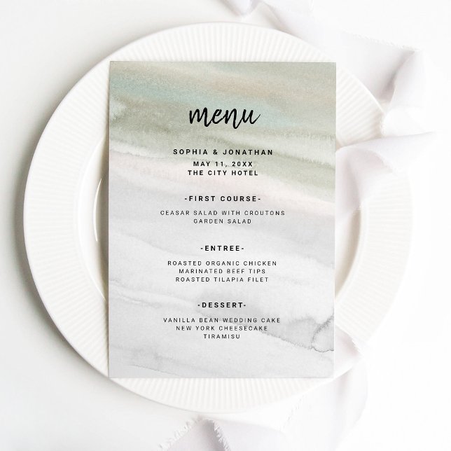 Menu Elegante Sage Green e Cinza Watercolor | Casamento (Criador carregado)
