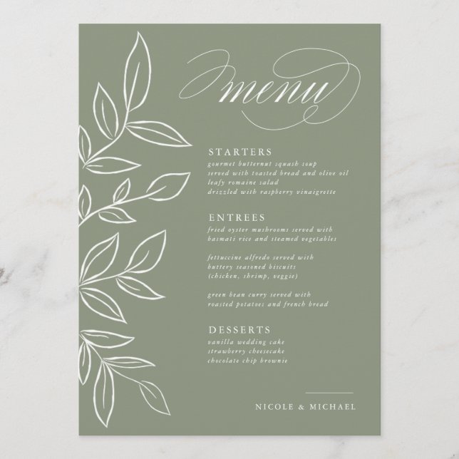 Menu Elegante Sage Minimalista Deixa Casamento (Frente)