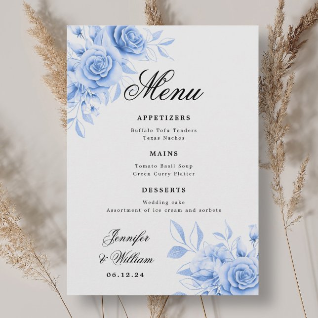 Menu Elegante Script Romântico Marinho de Casamento Flo (Elegant Script Romantic Wedding Navy Floral Menu)