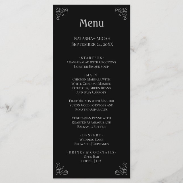Menu Elegante Simples Prata Preta e Faux (Frente)