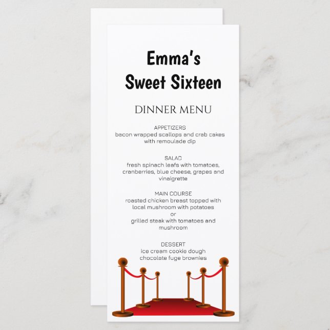 Menu Elegante Tapete Vermelho Hollywood Sweet 16 Aniver (Frente/Verso)