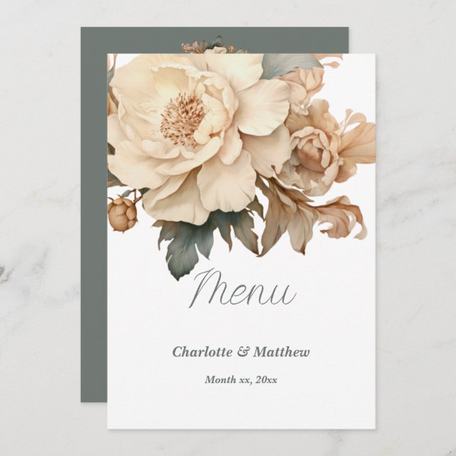 Menu Elegante Taupe Com Casamento Floral Verde (Frente/Verso)