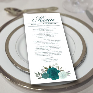 Menu Elegante Teal Watercolor Rosas Boho Chic Wedding