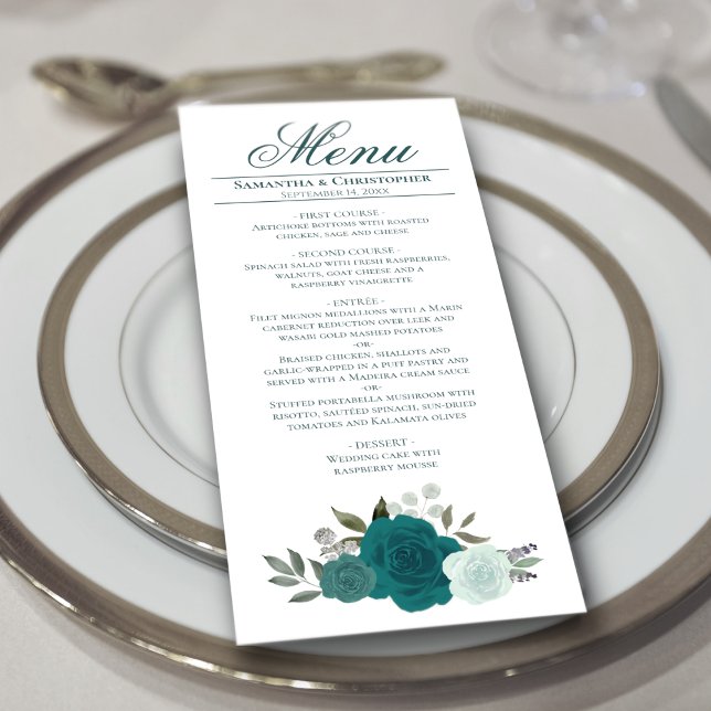 Menu Elegante Teal Watercolor Rosas Boho Chic Wedding (Criador carregado)