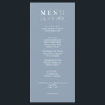 Menu Elegante Vamos Azul Elegante no Casamento Calliogr<br><div class="desc">Um moderno e elegante menu azul-janto de casamento chic. Que apresenta modelo design de chic de fundo sólido azul empoeirado e tipografia branca. E o vamos comem palavras em caligrafia elegante. Pegue-o e faça seu menu de casamento chique e elegante.</div>