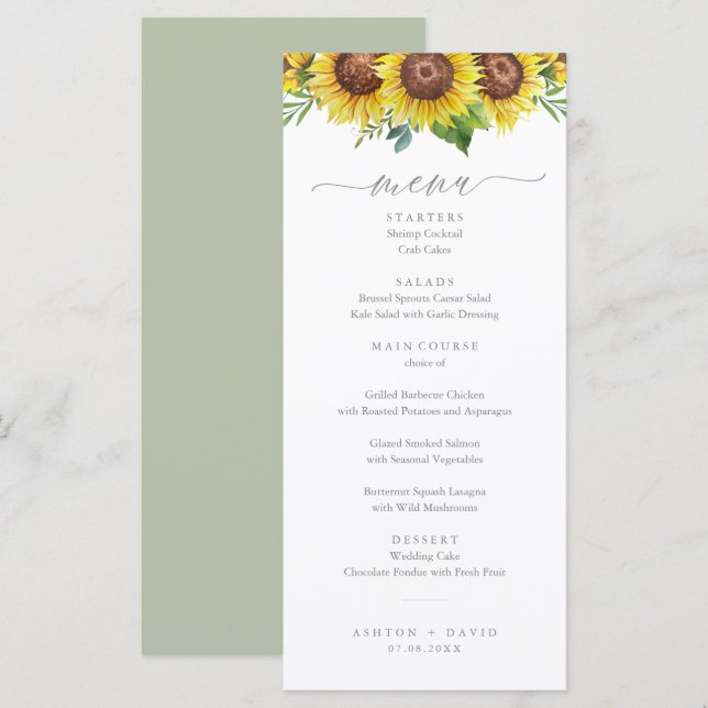 Menu Elegante Watercolor Sunflower WedMenu (Frente/Verso)